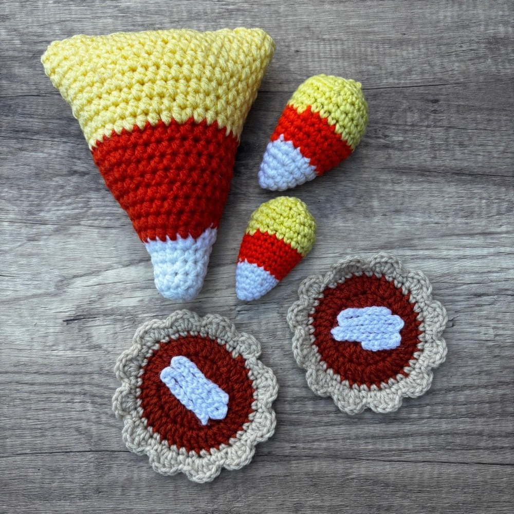 Crochet Candy Corn Toy & Pumpkin Pie Coasters - Fall, Halloween Decor Handmade